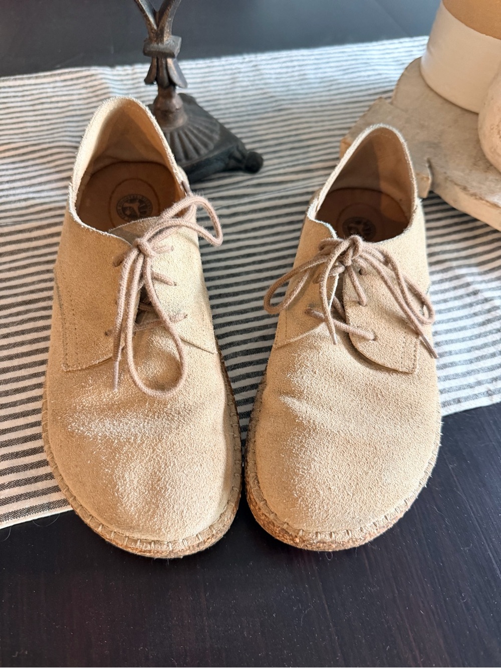 Birkenstock lace up shoes. Tan suede
